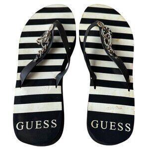 Guess Brand Women's Black White Striped Sandals w/Charms Size 9.5/10 (READ)